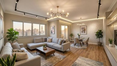 تصميم داخلي لشقة تم تجديدها بالكامل بدون تكسير باستخدام ديكورات حديثة وإضاءة عصرية