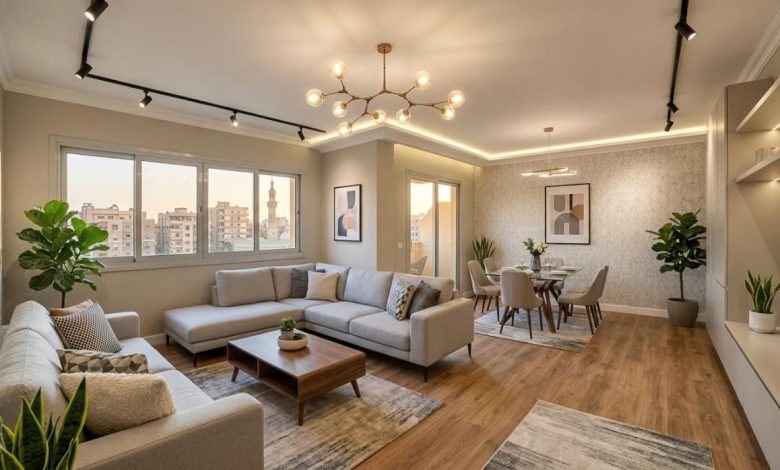 تصميم داخلي لشقة تم تجديدها بالكامل بدون تكسير باستخدام ديكورات حديثة وإضاءة عصرية